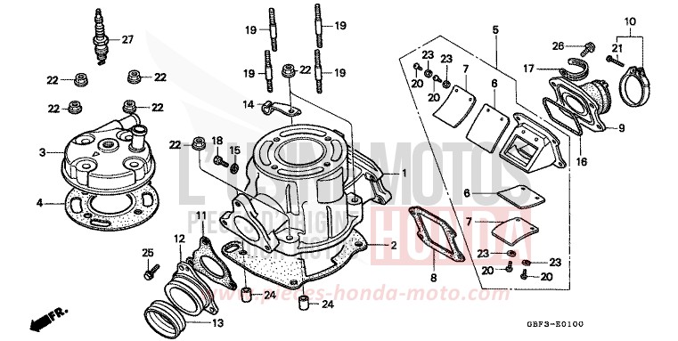 CYLINDRE/CULASSE de CR80R "Grandes Roues" NEUCLEAR RED (R177) 1997